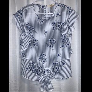 Striped Floral Blouse with Tie